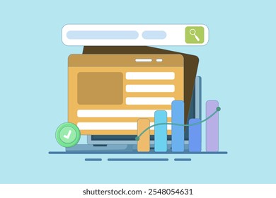Video Gestión de datos multimedia con gráficos y gráficos para empresas. Software de gestión. Datos de medios. Búsqueda de archivos y vídeos en la base de datos. Ilustración vectorial plana.