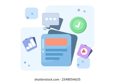 Media data management with video and graphics for business. Management software. Media data. Search files and videos in database. Flat vector illustration.