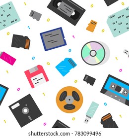 Media data storage devices evolution. Colour flat vector seamless pattern. Illustration