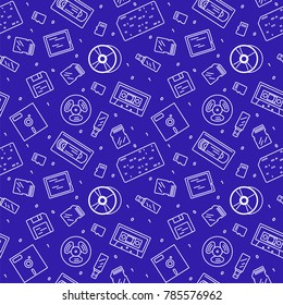 Media data storage devices evolution. Simple line vector seamless pattern. Illustration