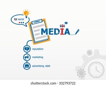 Media design concept and notebook for efficiency, creativity, intelligence. Hand writing Media with blue marker 