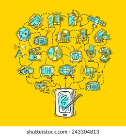 Media design concept with tablet and social decorative icons set vector illustration