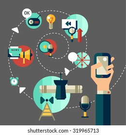 Media design. Flat colorful icons social network and broadcasting concepts. Communication symbol. Wireless technology