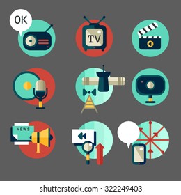 Media design. Flat colorful icons social network and broadcasting concepts. Communication symbol. Wireless technology