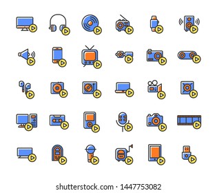 Media devices and players filled outline icon set.