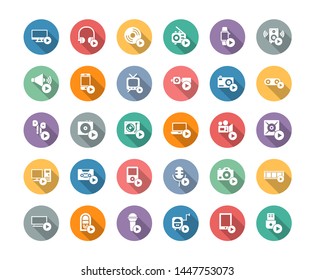 Media devices and players flat long shadow icon set.