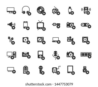 Media devices and players solid icon set.