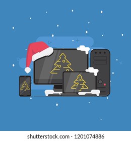 Media devices with a Santa's hat and a Christmas tree on a blue background.