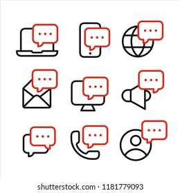 Media and devices symbols with speech bubbles set, message receiving, incoming information concept, line style icons vector illustration isolated on white background