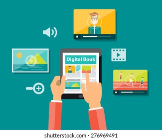 media in digital book and e-book technology on mobile device concept