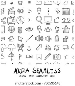 Media Doodle line background seamless pattern icon vector set