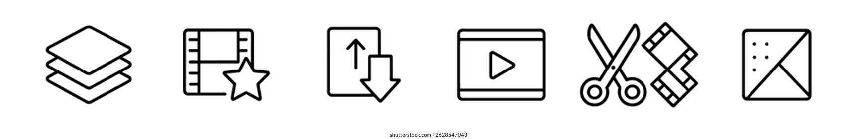 Video Conjunto de iconos de medios, líneas de edición: herramientas para audio, audio y Imagen en estilo de contorno