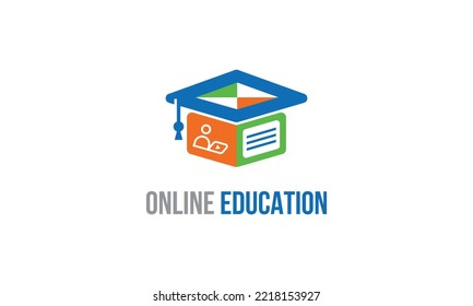 Media Education Logo Digital school book online and graduation hat . E-book or e-reader soft icon. On-line education. Course, distant education learning, online icon. Webinar concept, online