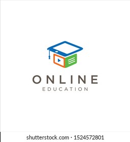 Media Education Logo technology Digital school book online and graduation hat . E-book or e-reader soft icon. On-line education