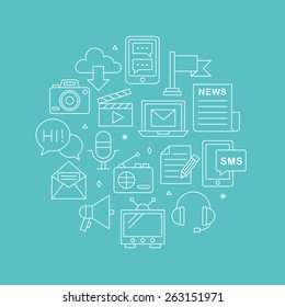 Media electronic line icon circle set