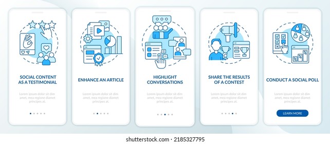 Media embeddedness use methods blue onboarding mobile app screen. Walkthrough 5 steps editable graphic instructions with linear concepts. UI, UX, GUI template. Myriad Pro-Bold, Regular fonts used