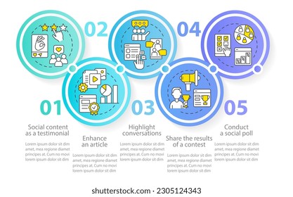 Media embeddedness use methods circle infographic template. Social content. Data visualization with 5 steps. Editable timeline info chart. Workflow layout with line icons. Myriad Pro-Regular font used