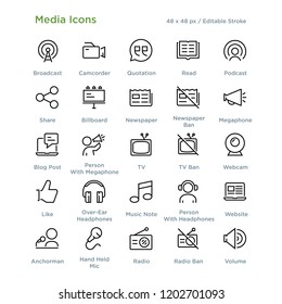 Media Entertainment Communication Icons - Outline styled icons, designed to 48 x 48 pixel grid. Editable stroke.