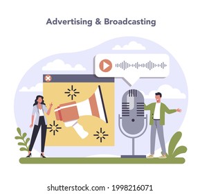 Media and entertainment industry. Multimedia communication and services. Mass media, publishing and broadcasting sector of the economy. Isolated flat vector illustration