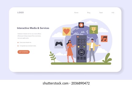 Media and entertainment industry web banner or landing page. Multimedia communication and services. Mass media, publishing and broadcasting sector of the economy. Isolated flat vector illustration