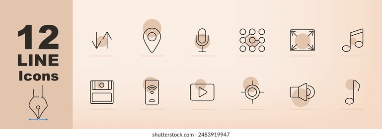 Media and entertainment set icon. Chart, location pin, microphone, network, expand, music note, camera, wifi, play button, focus, speaker, media technology, audio visual, broadcast services