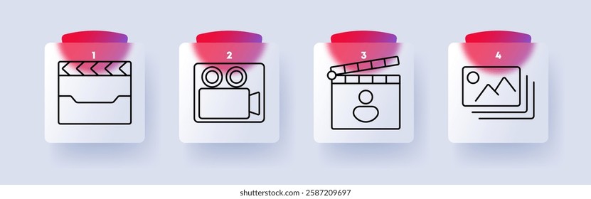 Media and entertainment set icon. Clapperboard, video camera, director board, image gallery, filmmaking, cinema, video production, multimedia