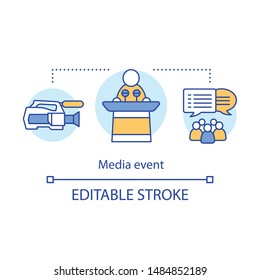 Media event concept icon. Organization idea thin line illustration. Video shooting. Event agency. Mass media. Breaking news. Vector isolated outline drawing. Editable stroke