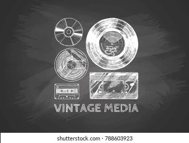 Media evolution set drawn with chalk on blackboard. Vinyl record, tape reel, compact tape cassette, VHS and compact disc. 