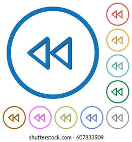 Media fast backward flat color vector icons with shadows in round outlines on white background