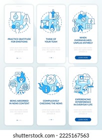 Media fatigue blue onboarding mobile app screen set. Infoxication walkthrough 3 steps editable graphic instructions with linear concepts. UI, UX, GUI template. Myriad Pro-Bold, Regular fonts used