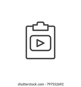 Media file document line icon, outline vector sign, linear style pictogram isolated on white. Clipboard and play button symbol, logo illustration. Editable stroke