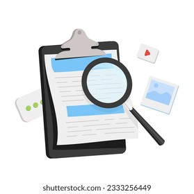 Media file document management. Searching image and video content files icon. Document management soft, document flow app, compound docs concept. Magnifying icon vector illustration