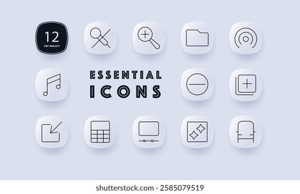 Media file management set icon. Search bar, folder, music note, document, plus and minus, monitor, grid, brightness, fullscreen, data storage
