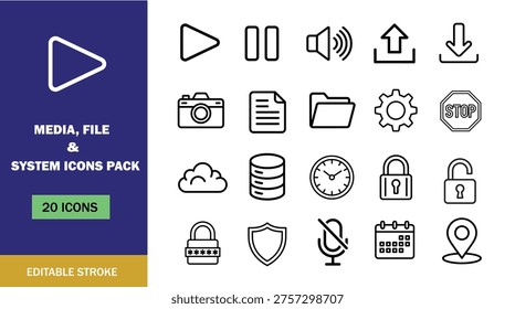 Media, File and System Line Icons Set