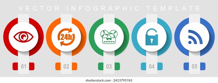 Media flat design icon set, miscellaneous icons such as eye, 24h, music recorder, padlock and signal, vector infographic template, web buttons collection