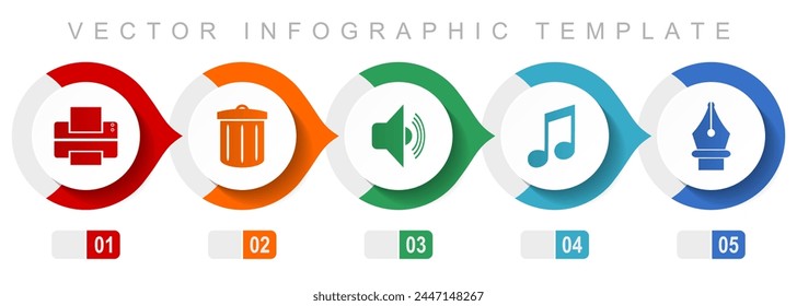 Media flat design infographic template, miscellaneous symbols such as printer, trash can, speaker, note and pen, vector icons collection