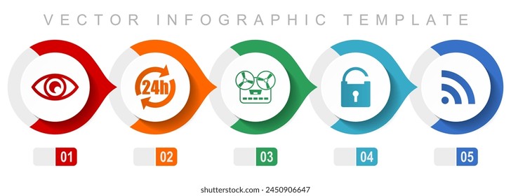 Media flat design infographic template, miscellaneous symbols such as eye, 24h, music recorder, padlock and signal, vector icons collection