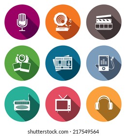 Media flat icon set - video, news, music, TV, recording, photo