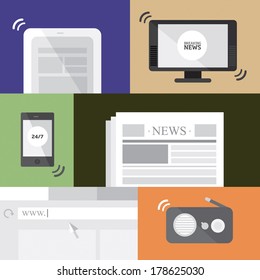 Media flat icons, radio, TV, newspapers, mobile, tablet, web