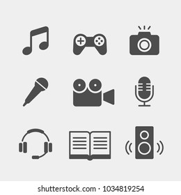 Media flat vector icons set. Multimedia flat vector icons set. Note, music, games, joystick, camera, video recorder, microphone, headphones, e-book, music column flat vector icons