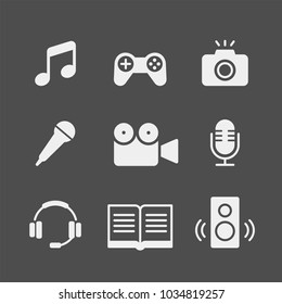 Media flat vector icons set. Multimedia flat vector icons set. Note, music, games, joystick, camera, video recorder, microphone, headphones, e-book, music column flat vector icons