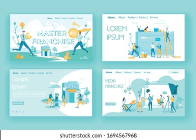 Media Franchise Master. Intellectual Property with Characters, Social Digital Environment and Trademarks of Original Mediawork. Business Advertising Landing Page Set. Vector Illustration