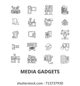 Media gadgets, newspaper, news, press, social advertising, tv, video, notepad line icons. Editable strokes. Flat design vector illustration symbol concept. Linear isolated signs