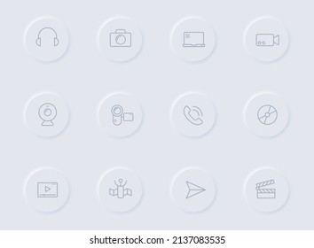 media gray vector icons on round rubber buttons. media icon set for web, mobile apps, ui design and promo business polygraphy