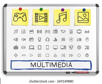 Media hand drawing line icons. Vector doodle pictogram set: sketch sign illustration on white marker board with paper stickers: buttons, camera, tv, laptop, joystick, movie, device, tablet