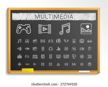 Media hand drawing line icons. Vector doodle pictogram set: chalk sketch sign illustration on blackboard with hatch symbols: buttons, camera, tv, laptop, joystick, movie, device, tablet