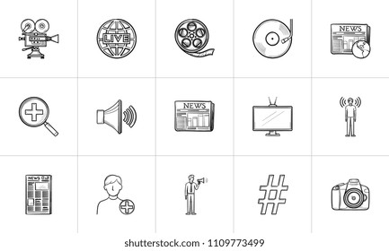 Media hand drawn outline doodle icon set for print, web, mobile and infographics. Digital media devices, social media, TV, news and cinema vector sketch illustration set isolated on white background.