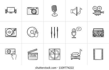 Media hand drawn outline doodle icon set for print, web, mobile and infographics. Digital media devices, audio, movie and radio vector sketch illustration set isolated on white background.