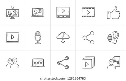 Media hand drawn outline doodle icon set for print, web, mobile and infographics. Web, video, internet, networking, social media, music, TV vector sketch illustration set isolated on white background.