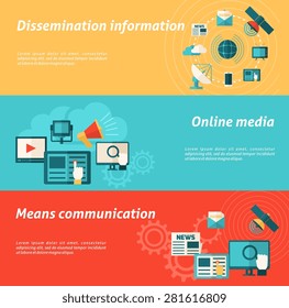 Media horizontal banner set with online communication and information elements isolated vector illustration